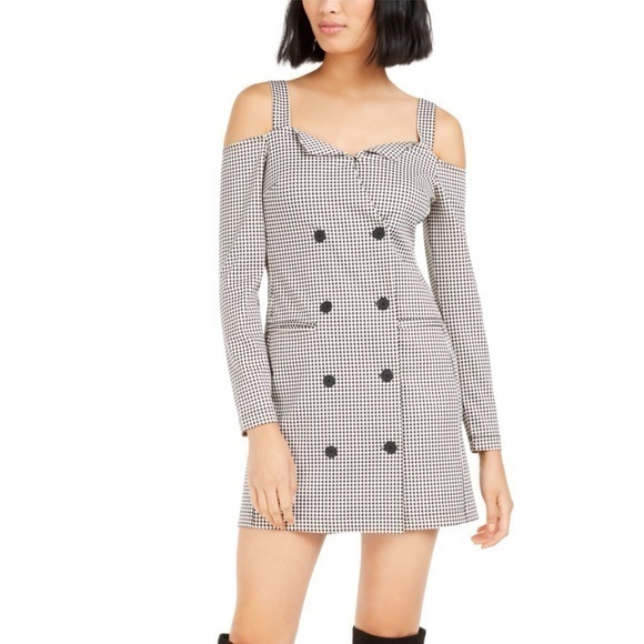 Bar Iii Womens Black Cold Shoulder Herringbone Long Sleeve Mini Dress Large